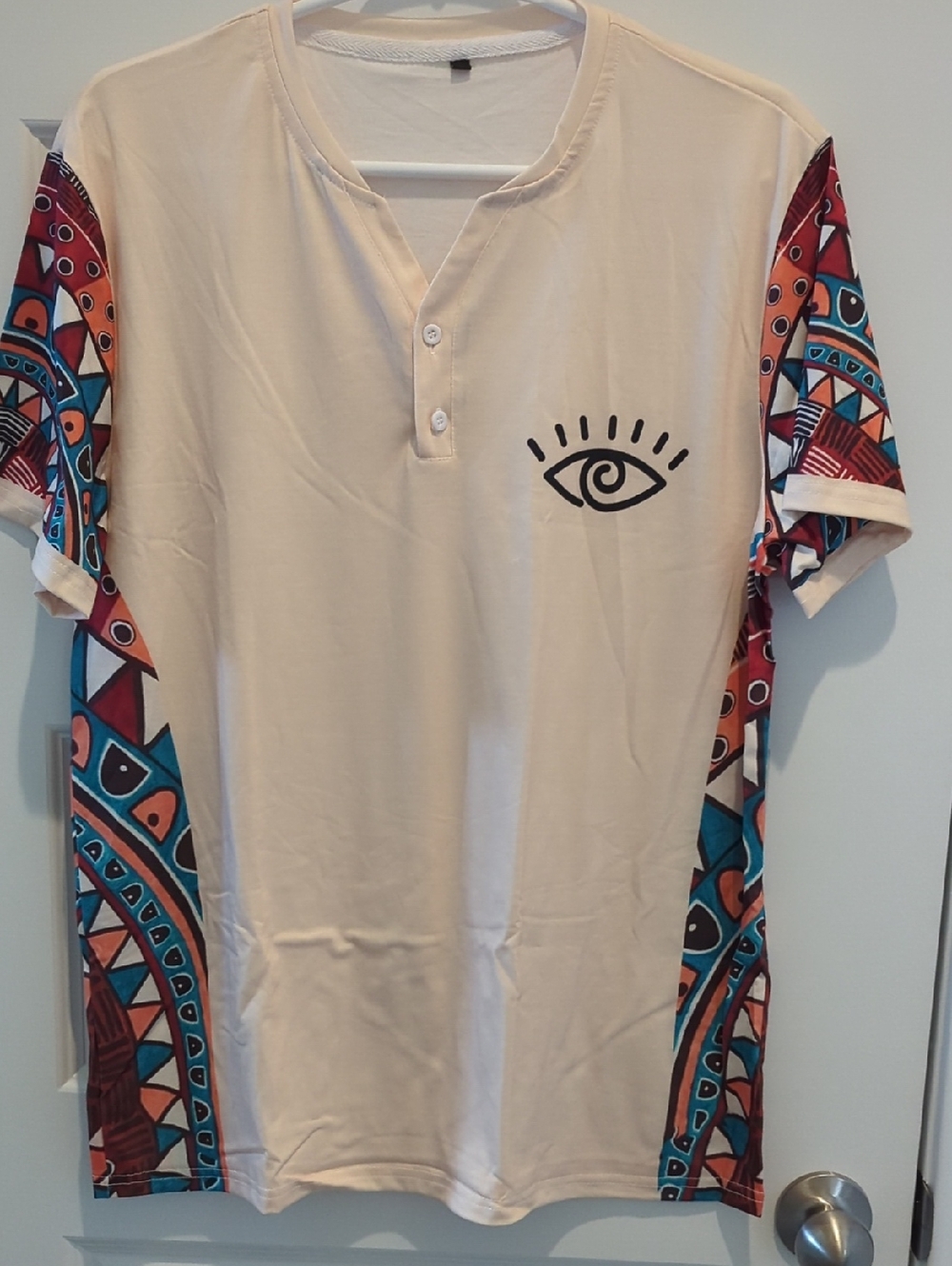Cream Short-Sleeve Henley with Geometric Accent Sleeves